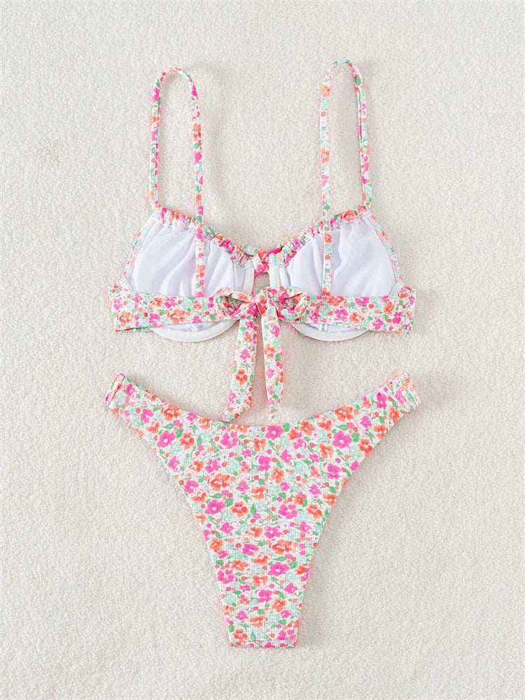 Bikini Femme Maillot de Bain 2025 Nouveau Imprimé Bretelles Ribs Bikinis Ensemble Sexy Culotte Maillot de Bain Été Deux Pièces Tenue de Plage Maillot de Bain Féminin