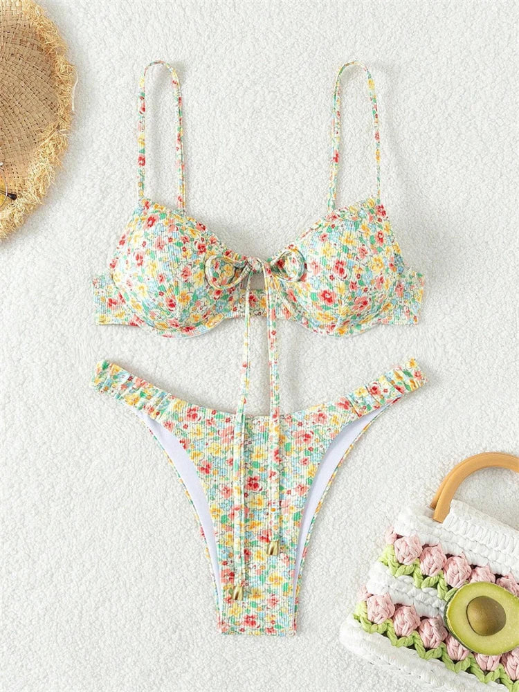 Bikini Femme Maillot de Bain 2025 Nouveau Imprimé Bretelles Ribs Bikinis Ensemble Sexy Culotte Maillot de Bain Été Deux Pièces Tenue de Plage Maillot de Bain Féminin