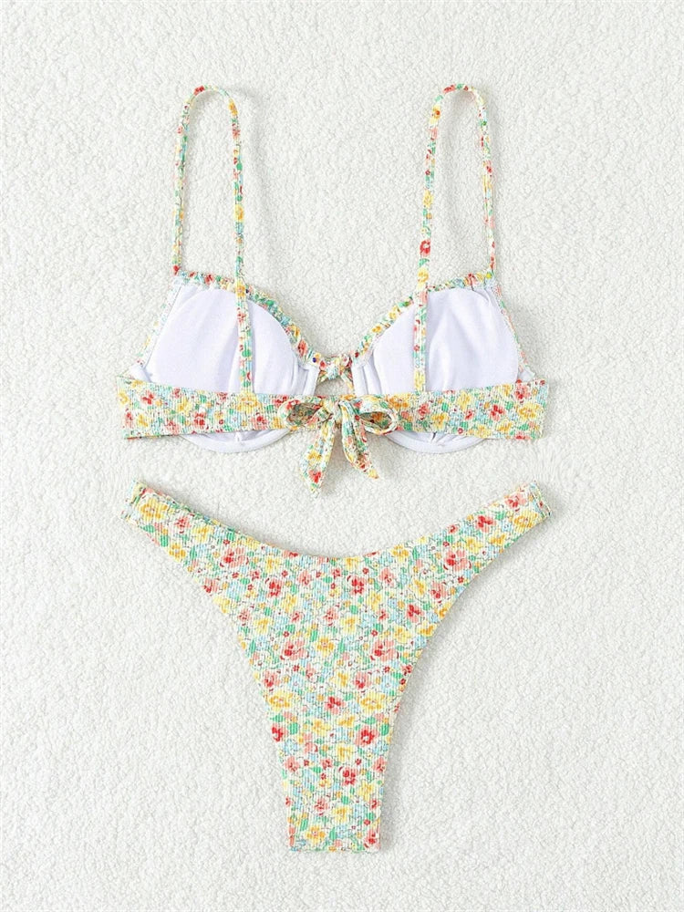Bikini Femme Maillot de Bain 2025 Nouveau Imprimé Bretelles Ribs Bikinis Ensemble Sexy Culotte Maillot de Bain Été Deux Pièces Tenue de Plage Maillot de Bain Féminin