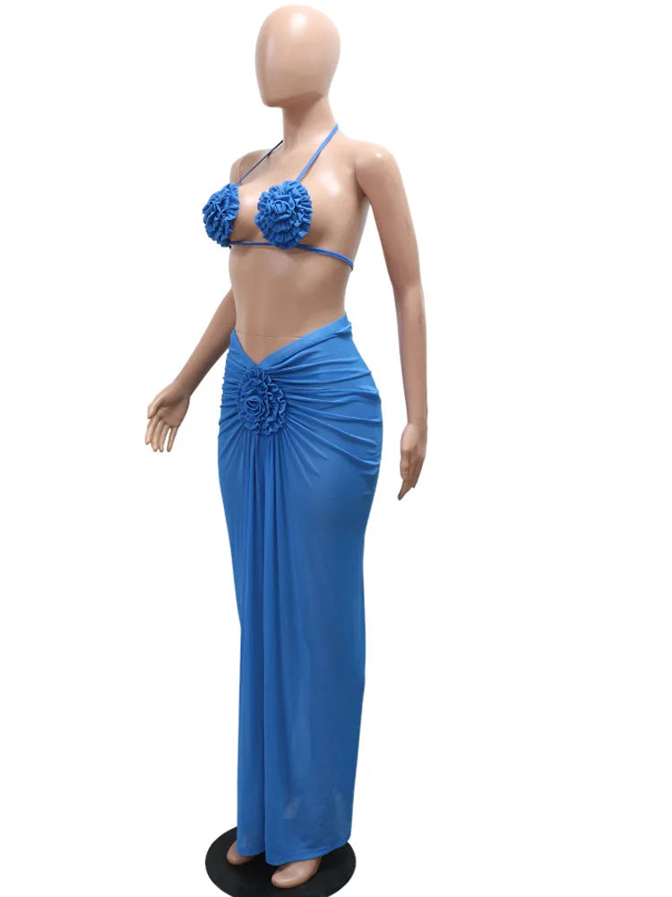 Ensemble de bikini 3 pièces pour femmes Beyprern en bleu royal avec fleur
