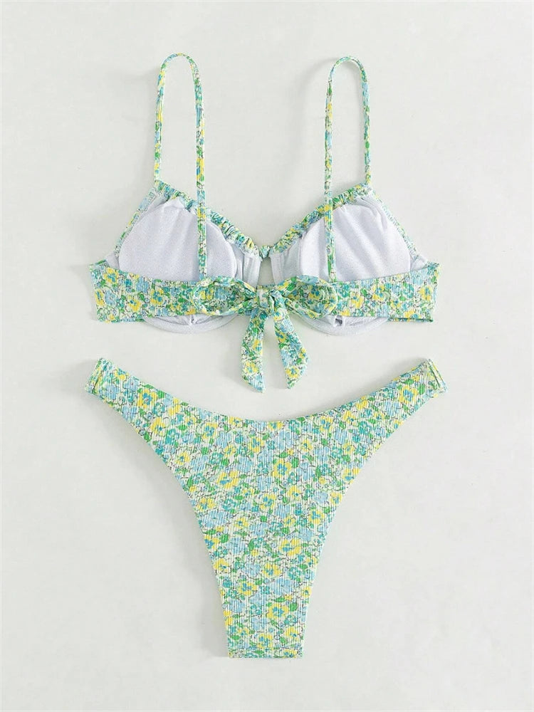 Bikini Femme Maillot de Bain 2025 Nouveau Imprimé Bretelles Ribs Bikinis Ensemble Sexy Culotte Maillot de Bain Été Deux Pièces Tenue de Plage Maillot de Bain Féminin