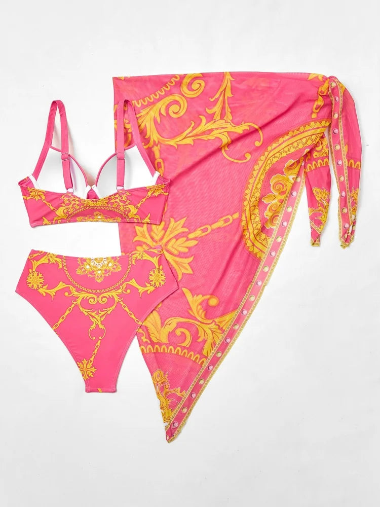 Femmes en bikini Maillot de bain 2025 Nouveau bikini imprimé à encolure halter Ensemble sexy taille haute Maillot de bain trois pièces avec paréo Vêtements de bain féminin