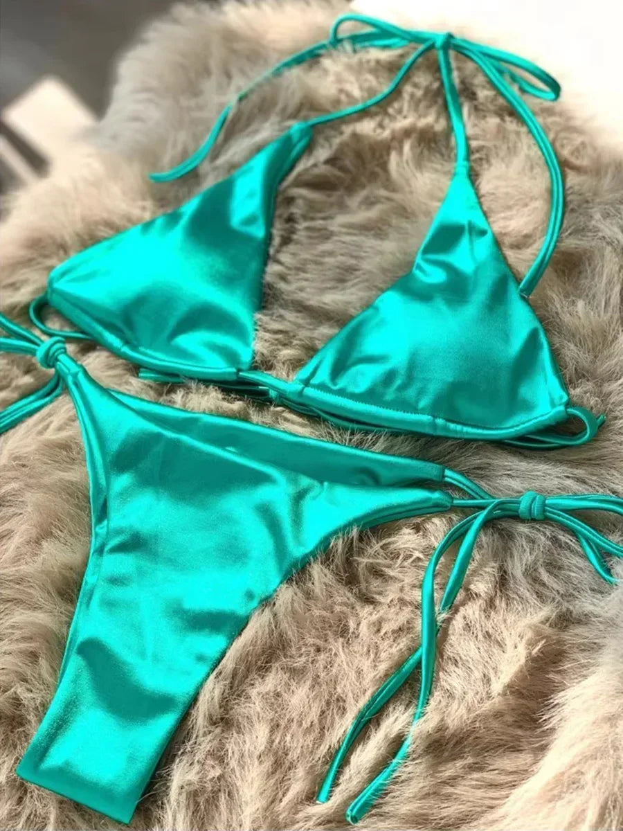 Ensemble de bikini satin métallique brésilien pour femmes, maillot de bain à deux pièces, maillot de bain à taille haute,